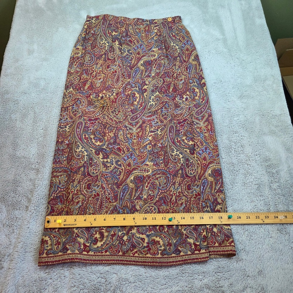 Talbots Silk Midi Skirt Women 8P Paisley Print Side Zip Lined Red Blue Multi 80c